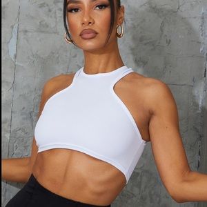 White crepe racer neck crop top
